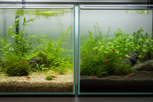 Two planted freshwater shrimp aquariums comparing light inert gravel with dark active aquasoil