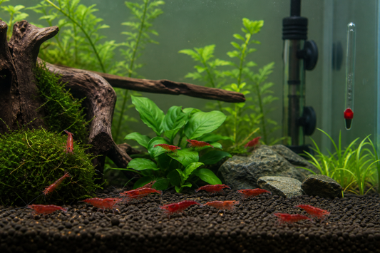 Red Neocaridina shrimp in a planted aquarium with a heater and thermometer