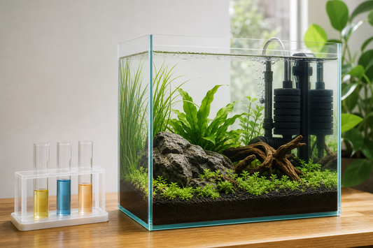 Newly planted freshwater shrimp tank with sponge filter and water test kit during cycling