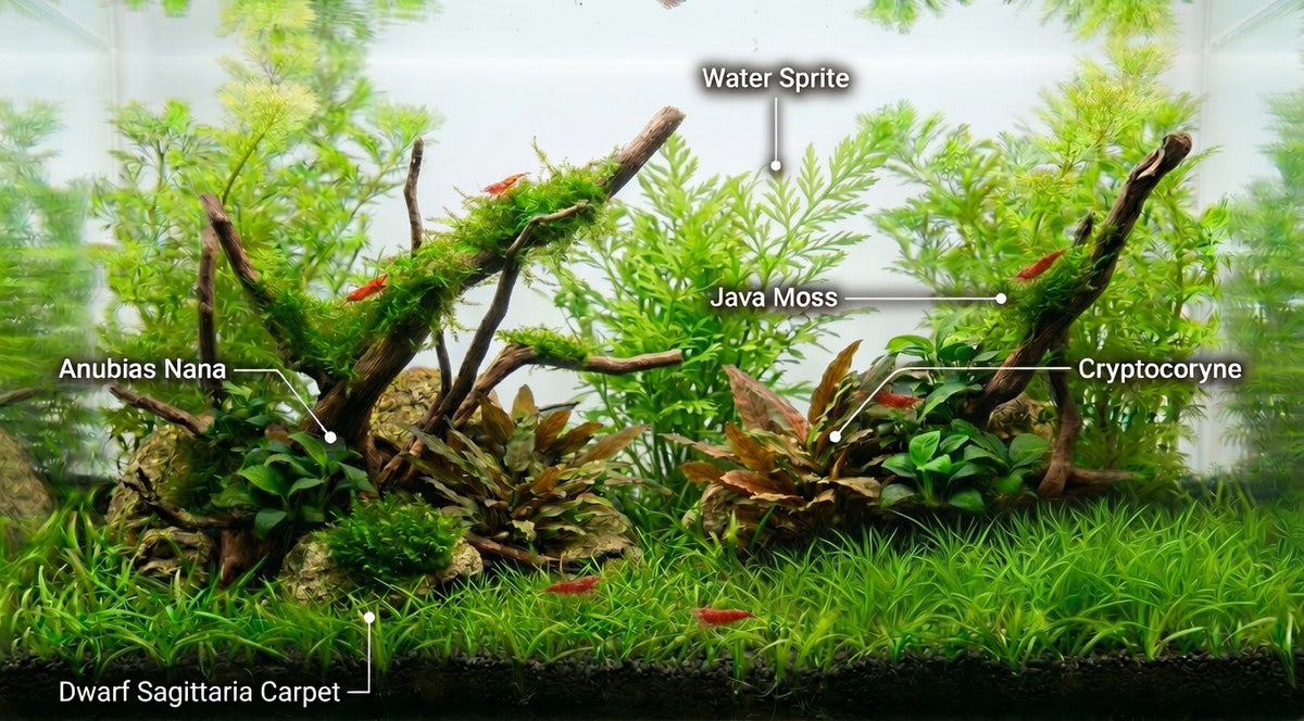 Aquarium with various aquatic plants labeled, including Anubias Nana, Java Moss, Cryptocoryne, and Dwarf Sagittaria Carpet.