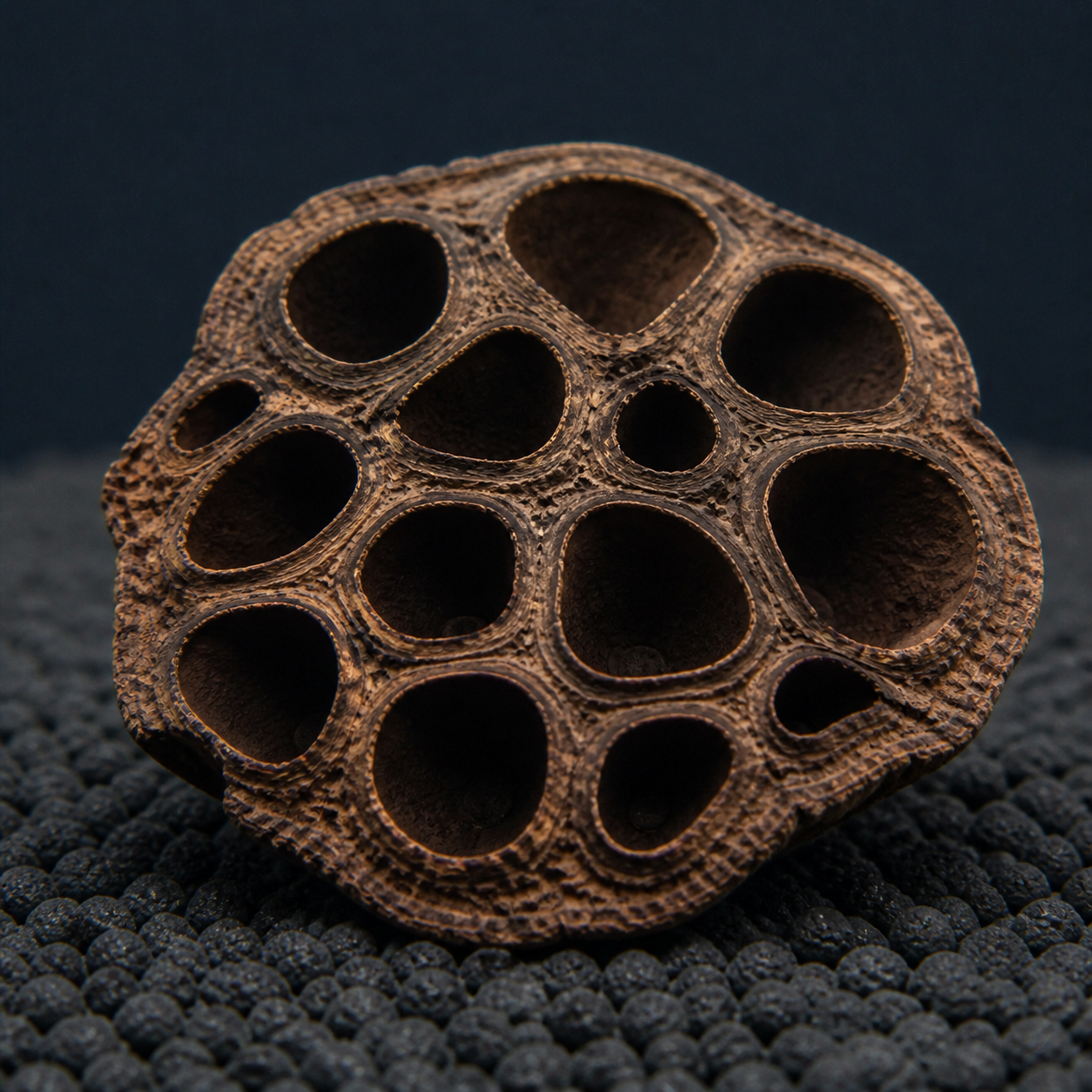Close-up of the irregular chambers and fibrous texture of a dried Lotus Pod